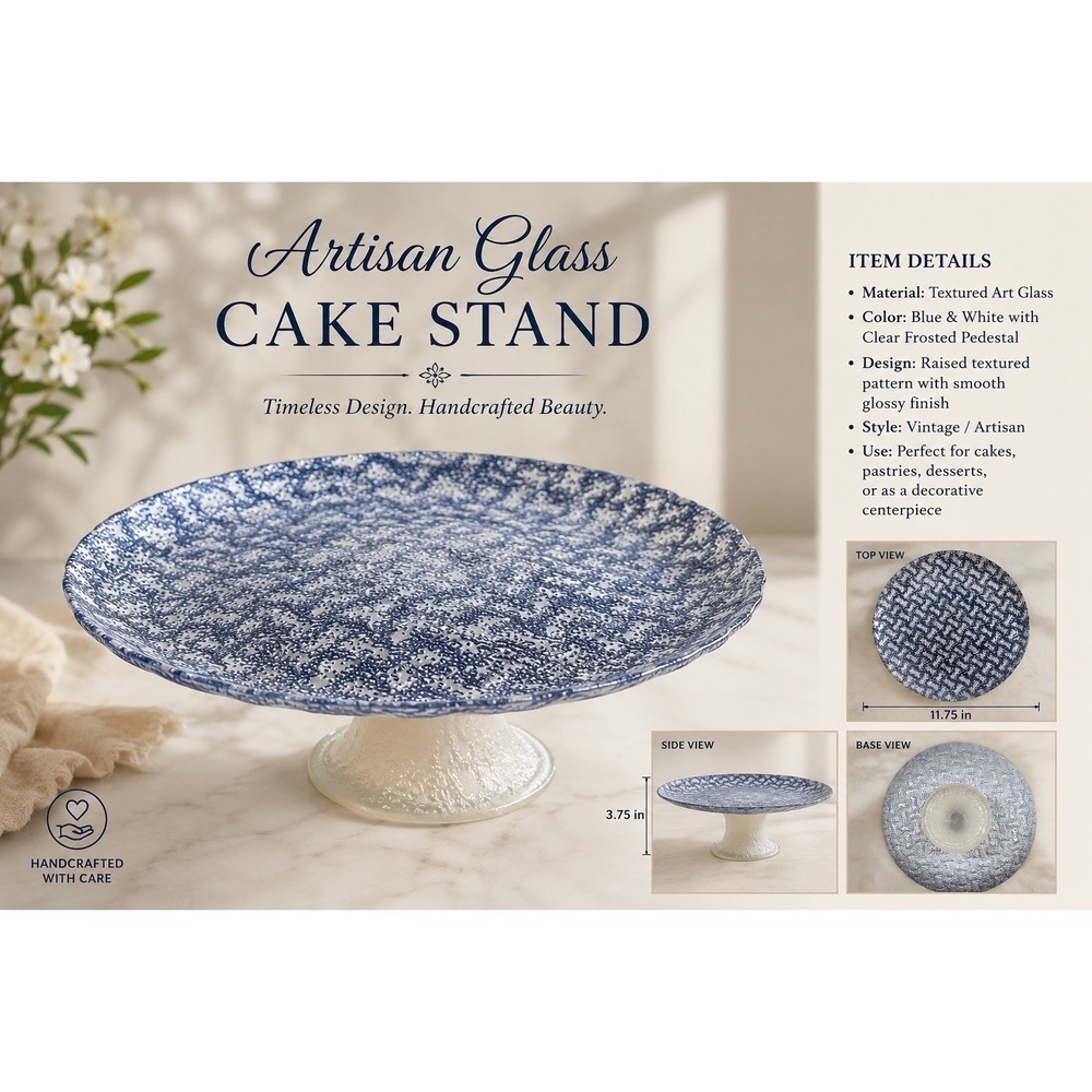 Blue Silver Textured Glass Pedestal Cake Stand Serving Platter 11 Inch Round